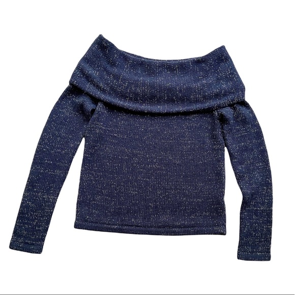 Willow & Clay Blue Off-The-Shoulder Gold Metallic Thread Sweater Size Small - Picture 3 of 7